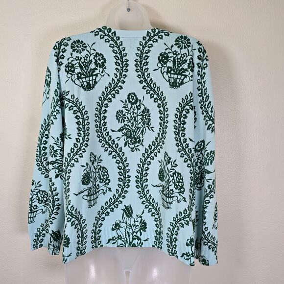 Talbots Cardigan Women's 2XP Blue Ice Heritage Green Flowing Florals Casual - Picture 2 of 8